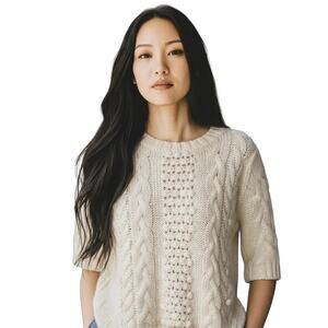 Apostrophe Elbow-length Sleeve Chunky Pompom Cable Knit Cream Pullover Sweater-M